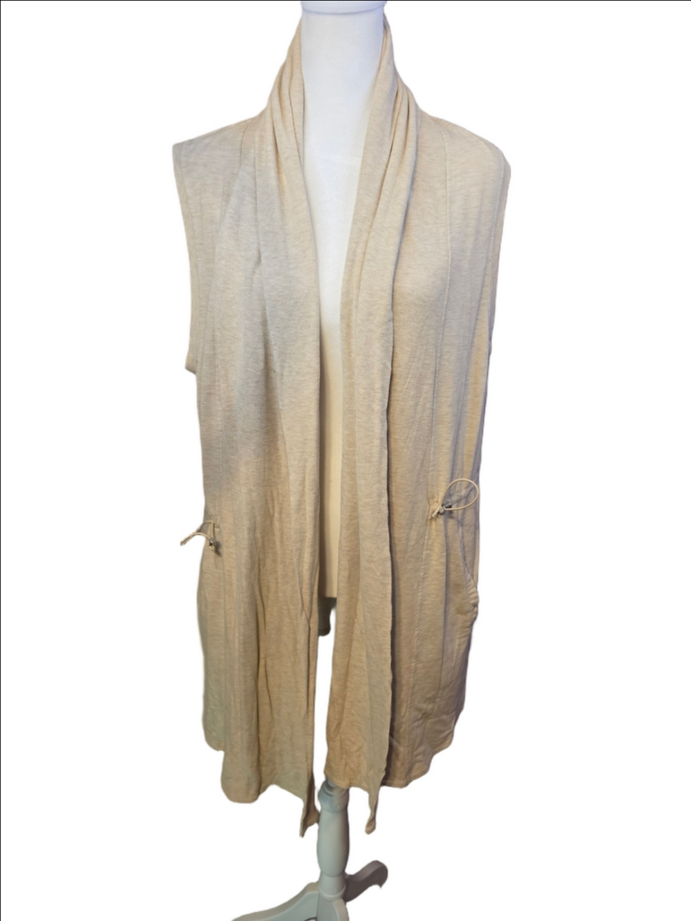 Cable & Gauge Sleeveless Tan Open-Front Cardigan Vest with Side Ties Size Large